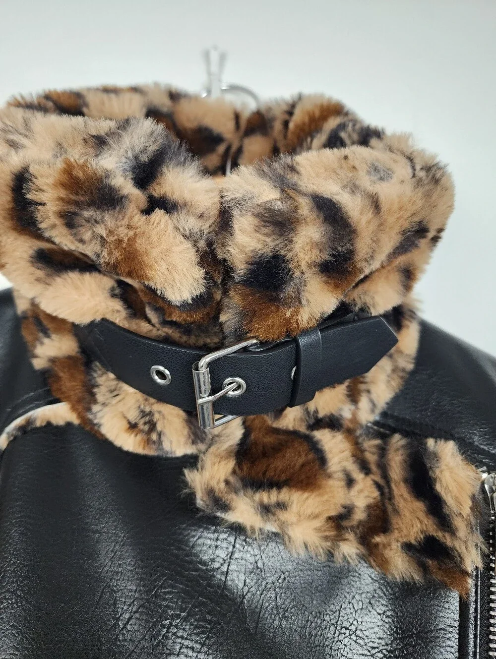 Black Faux Leather Moto Jacket with Leopard Faux Fur Accent